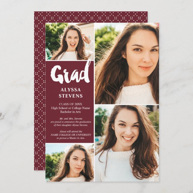 Modern burgundy Grad script 4 photos graduation Invitation (Front/Back)