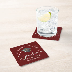 Modern Burgundy Graduate Custom Graduation Party Square Paper Coaster