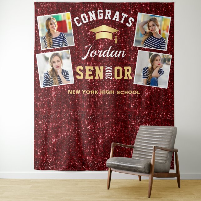 Modern Burgundy Graduation 4 Photo Booth Backdrop Tapestry (In Situ)
