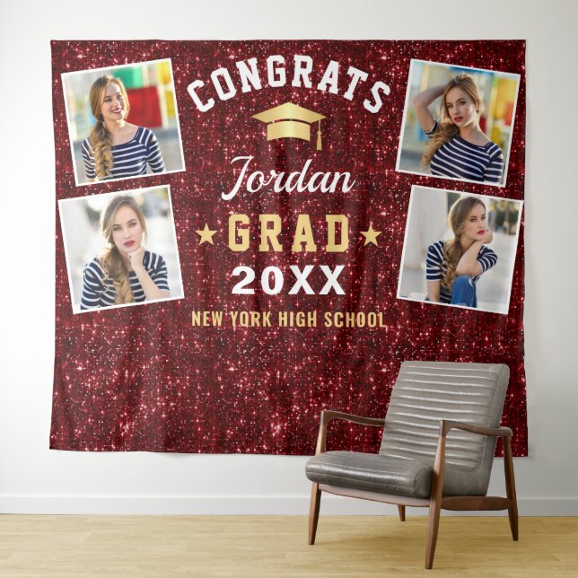 Modern Burgundy Graduation 4 Photo Booth Backdrop Tapestry (In Situ (Horizontal))