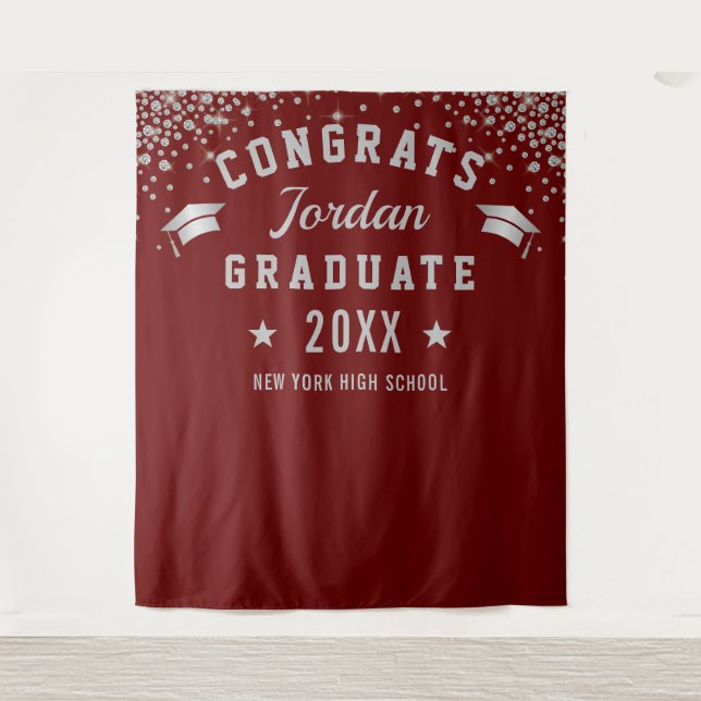 Modern Burgundy Graduation Photo Booth Backdrop Tapestry (Front)
