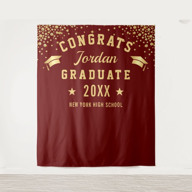 Modern Burgundy Graduation Photo Booth Backdrop Tapestry (Front)