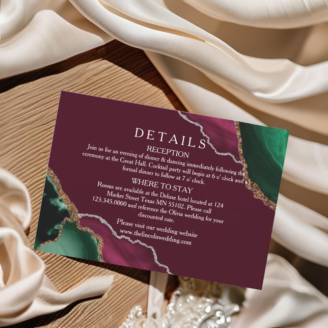  Modern Burgundy & Green Agate Wedding Details Enclosure Card (Creator Uploaded)