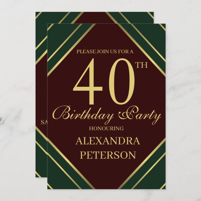 Modern Burgundy Green And Gold Stripes Birthday Invitation (Front/Back)