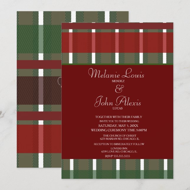 Modern Burgundy Green White Striped Wedding Invitation (Front/Back)