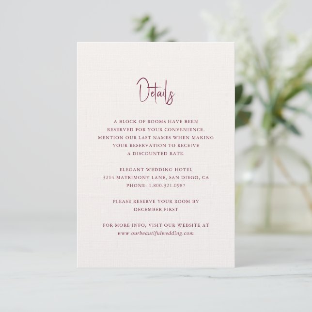 Modern Burgundy Handwritten Script Elegant Wedding Enclosure Card (Standing Front)