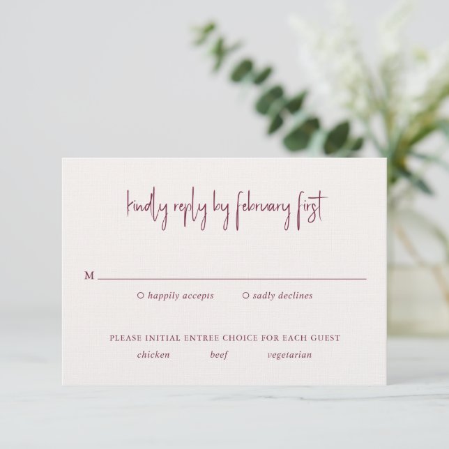 Modern Burgundy Handwritten Script Elegant Wedding RSVP Card (Standing Front)