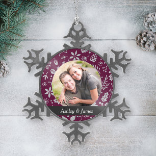 Modern Burgundy Holiday Foliage Couple Photo Snowflake Pewter Christmas Ornament