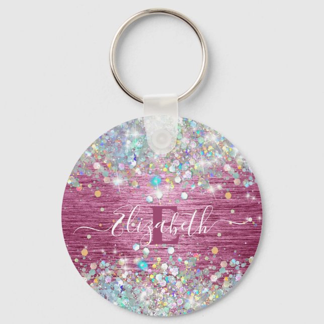 Modern Burgundy Holographic Faux Glitter Monogram Key Ring (Front)