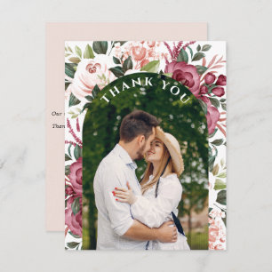 Modern Burgundy Ivory Cream Pink Floral Photo Thank You Card