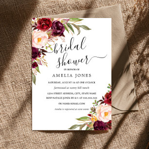 Modern Burgundy Ivory Floral Bridal Shower Invitation