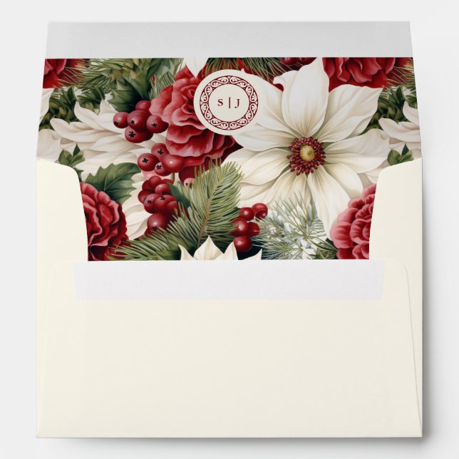 Modern Burgundy Ivory Floral Monogram Wedding Envelope (Back (Bottom))