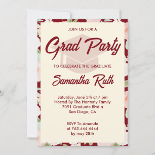 Modern Burgundy Ivory Floral Photo Grad Party Invitation
