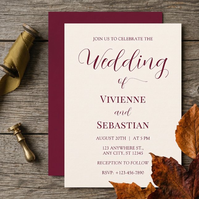 Modern Burgundy Ivory Script Minimalist Wedding Invitation (Modern Burgundy Ivory Script Minimalist Wedding Invitation)
