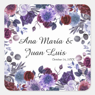 Modern Burgundy Lavender Dusty Blue Floral White Square Sticker