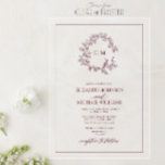 Modern Burgundy Leafy Crest Monogram Wedding Acrylic Invitations<br><div class="desc">Elegance and intimacy are beautifully encapsulated in this modern wedding invitation. The rich, burgundy monogram sits at the centre of a soft wreath of delicate greenery, symbolising the couple’s blossoming love. With its sophisticated script and clean layout, this design conveys the personal connection between two families, beginning with the initials...</div>