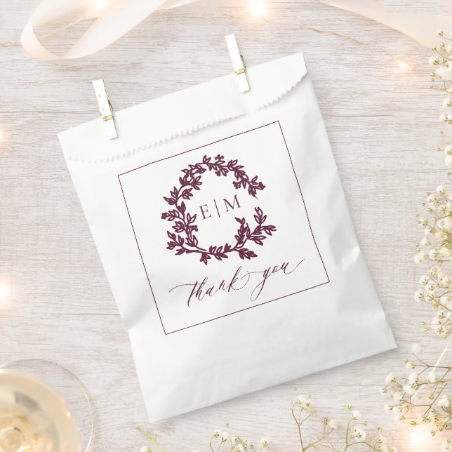 Modern Burgundy Leafy Crest Monogram Wedding Favour Bags (Clipped)