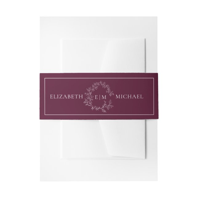 Modern Burgundy Leafy Crest Monogram Wedding Invitation Belly Band (Front Example)