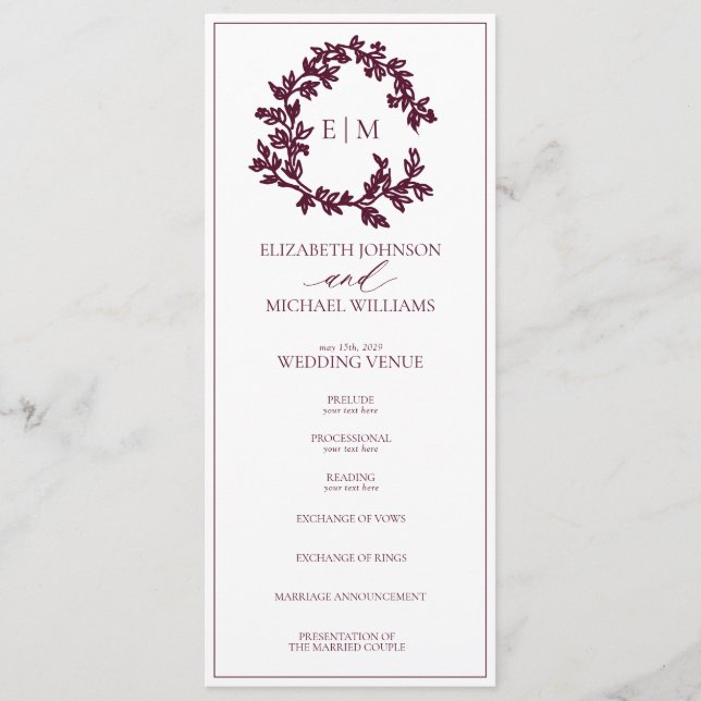 Modern Burgundy Leafy Crest Monogram Wedding Programme (Front)