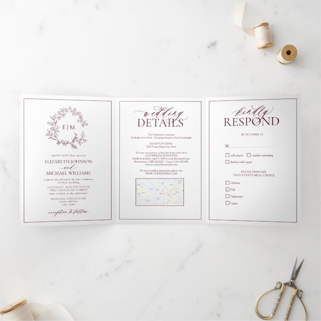 Modern Burgundy Leafy Crest Monogram Wedding Tri-Fold Invitation (Inside)
