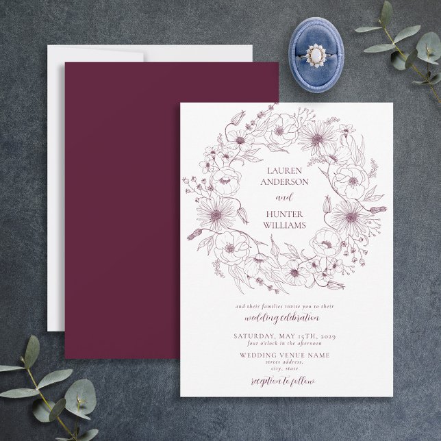 Modern Burgundy Line Art Floral Wedding Invitation (Creator Uploaded)