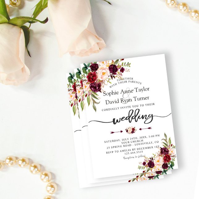 Modern Burgundy Marsala Floral Handwriting Wedding Invitation (watercolour burgundy flowers wedding, trendy floral calligraphy wedding, chic pink burgundy wedding)