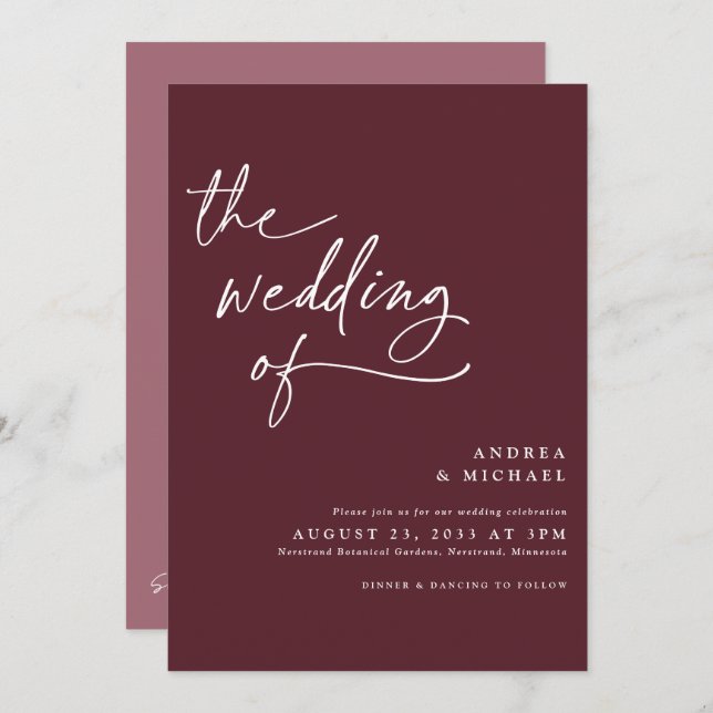 Modern Burgundy / Merlot Handwriting Wedding Invitation (Front/Back)