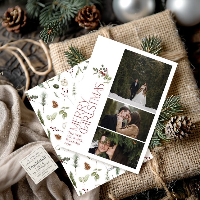 Modern Burgundy Merry Christmas Typography 3 Photo Holiday Card (Creator Uploaded)