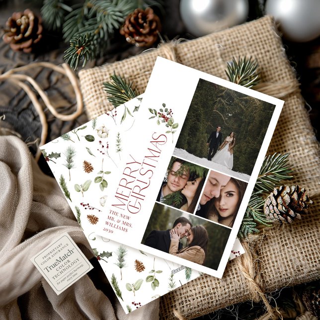Modern Burgundy Merry Christmas Typography 4 Photo Holiday Card (Creator Uploaded)