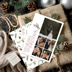 Modern Burgundy Merry Christmas Typography 5 Photo Holiday Card