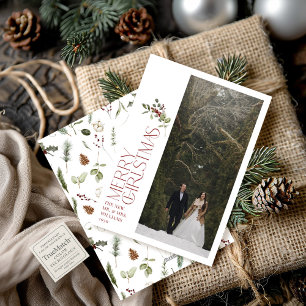Modern Burgundy Merry Christmas Typography Photo Holiday Card