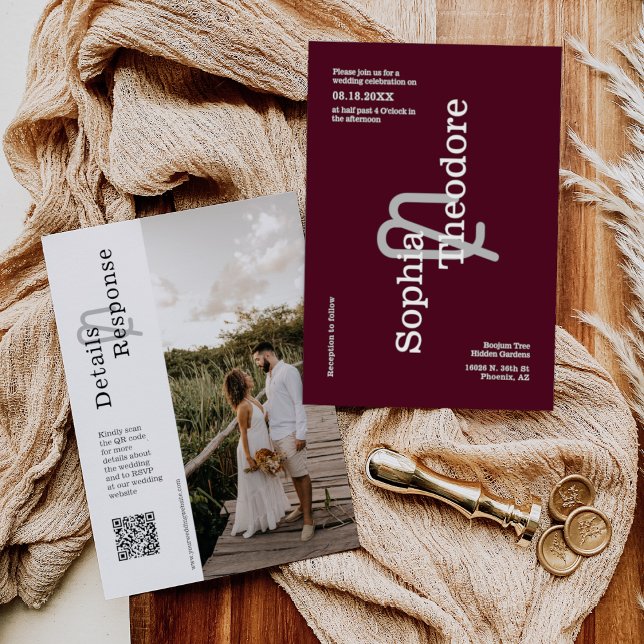 Modern Burgundy Minimalist Wedding QR Code Photo Invitation (Creator Uploaded)