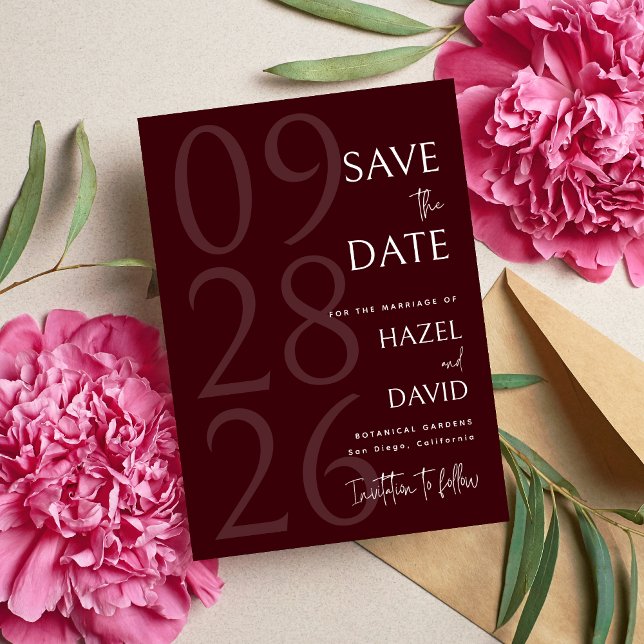 Modern Burgundy Minimalist Wedding Save The Date (Modern burgundy minimalist save the date announces your wedding with rich elegance.)
