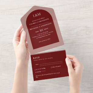 Modern Burgundy Monochrome Wedding All In One Invitation