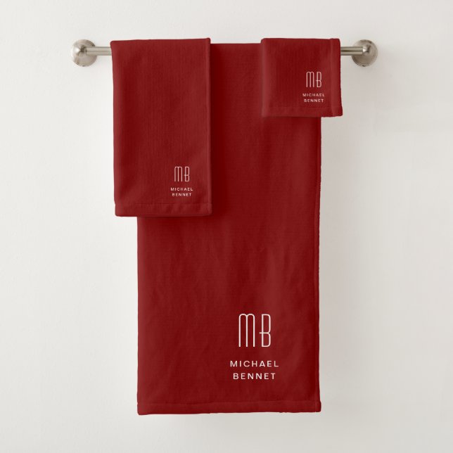 Modern Burgundy Monogram Bath Towel Set (Insitu)
