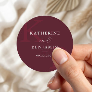Modern Burgundy Monogram Minimalist Wedding Classic Round Sticker