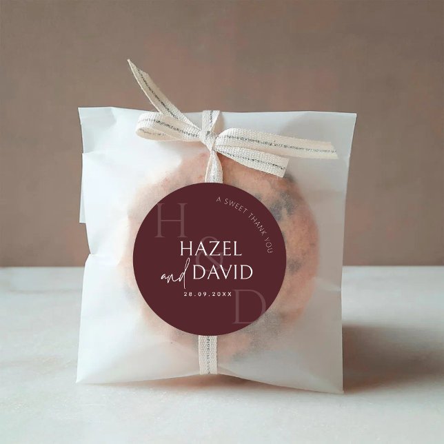 Modern Burgundy Monogram Minimalist Wedding Classic Round Sticker (Creator Uploaded)