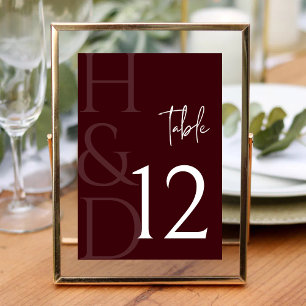 Modern Burgundy Monogram Minimalist Wedding Table Number