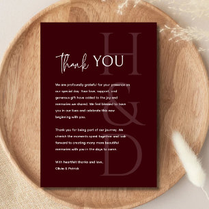 Modern Burgundy Monogram Minimalist Wedding Thank You Card