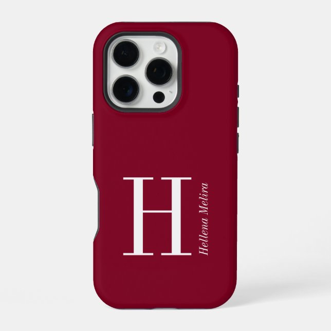 Modern Burgundy Monogram Name iPhone Case (Back)