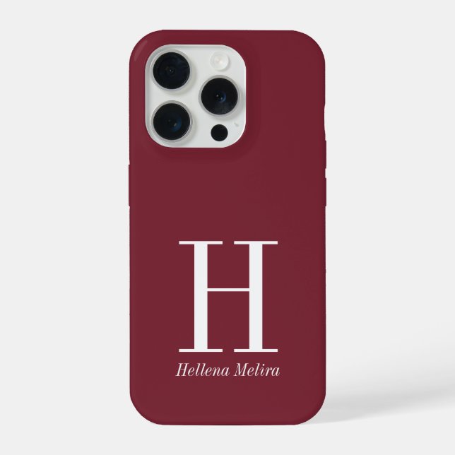 Modern Burgundy Monogram Name iPhone Case (Back)