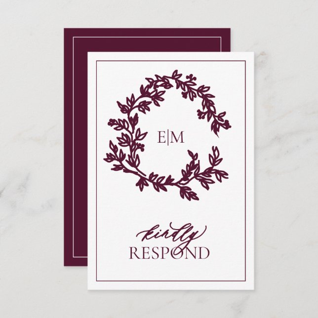 Modern Burgundy Monogram Wedding RSVP Card (Front/Back)