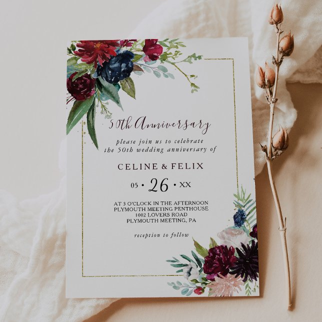 Modern Burgundy Navy 50th Wedding Anniversary Invitation (Creator Uploaded)
