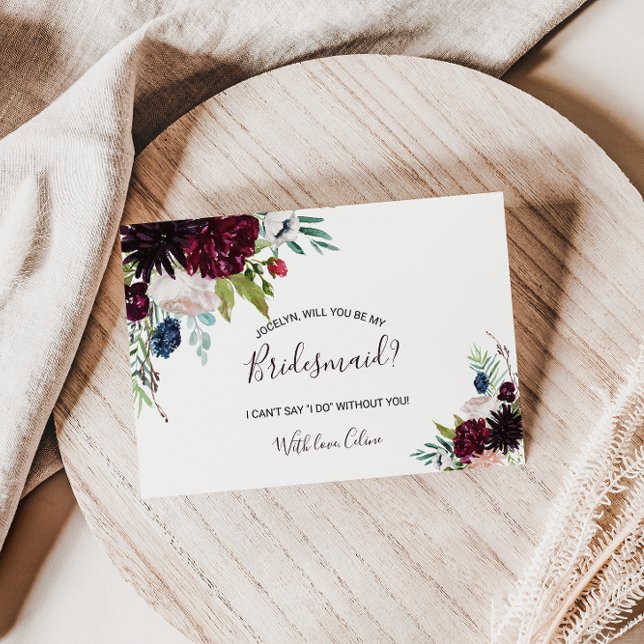 Modern Burgundy Navy Blush Floral Bridesmaid Invitation Postcard (Creator Uploaded)