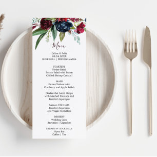 Modern Burgundy Navy Blush Floral Dinner Menu Card