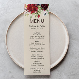 Modern Burgundy Navy Blush Floral Dinner Menu Card