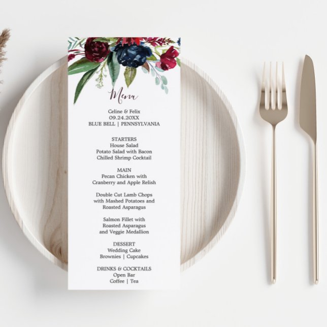 Modern Burgundy Navy Blush Floral Dinner Menu Card (Creator Uploaded)