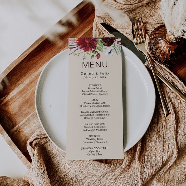 Modern Burgundy Navy Blush Floral Dinner Menu Card (Creator Uploaded)