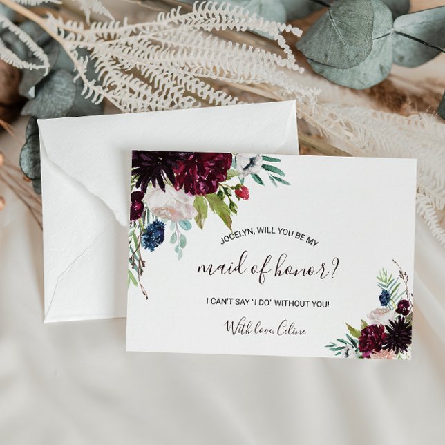Modern Burgundy Navy Blush Floral Maid of Honour Invitation Postcard (Creator Uploaded)