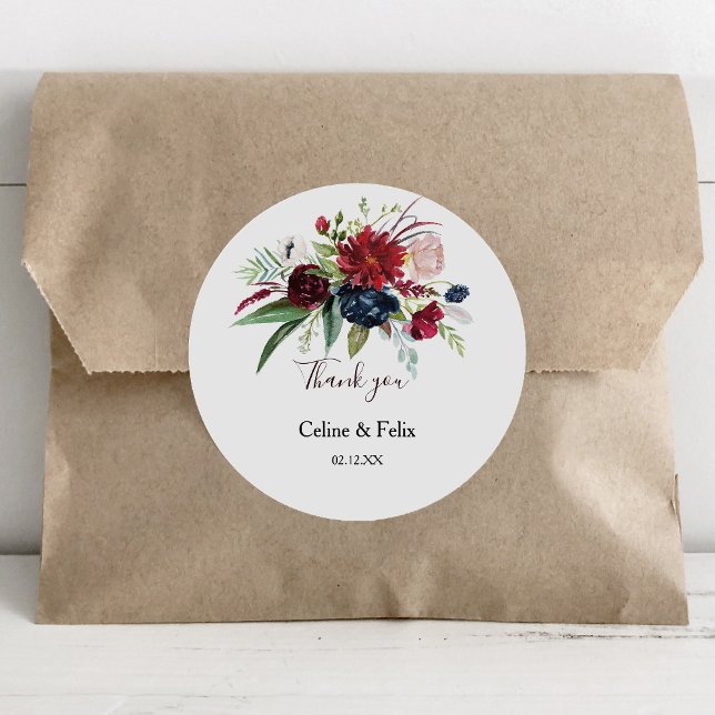 Modern Burgundy Navy Blush Floral Thank You Favour Classic Round Sticker (Creator Uploaded)